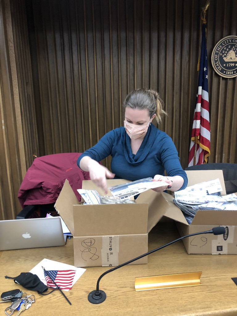 Councilmember Sarah Brannen (Ward 4) organizing the Mask Up PK care packages.